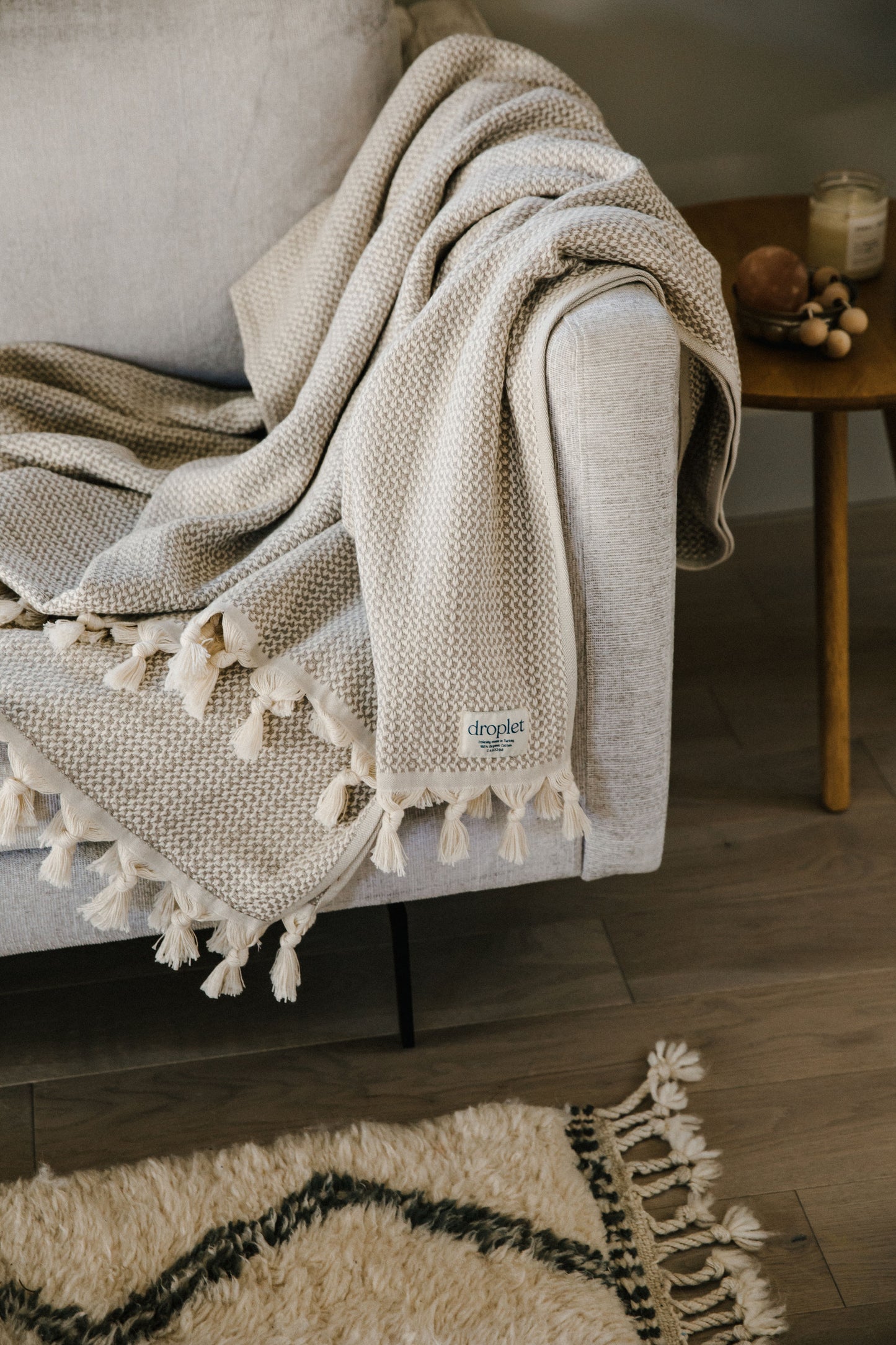 beige organic cotton turkish blanket with tassels