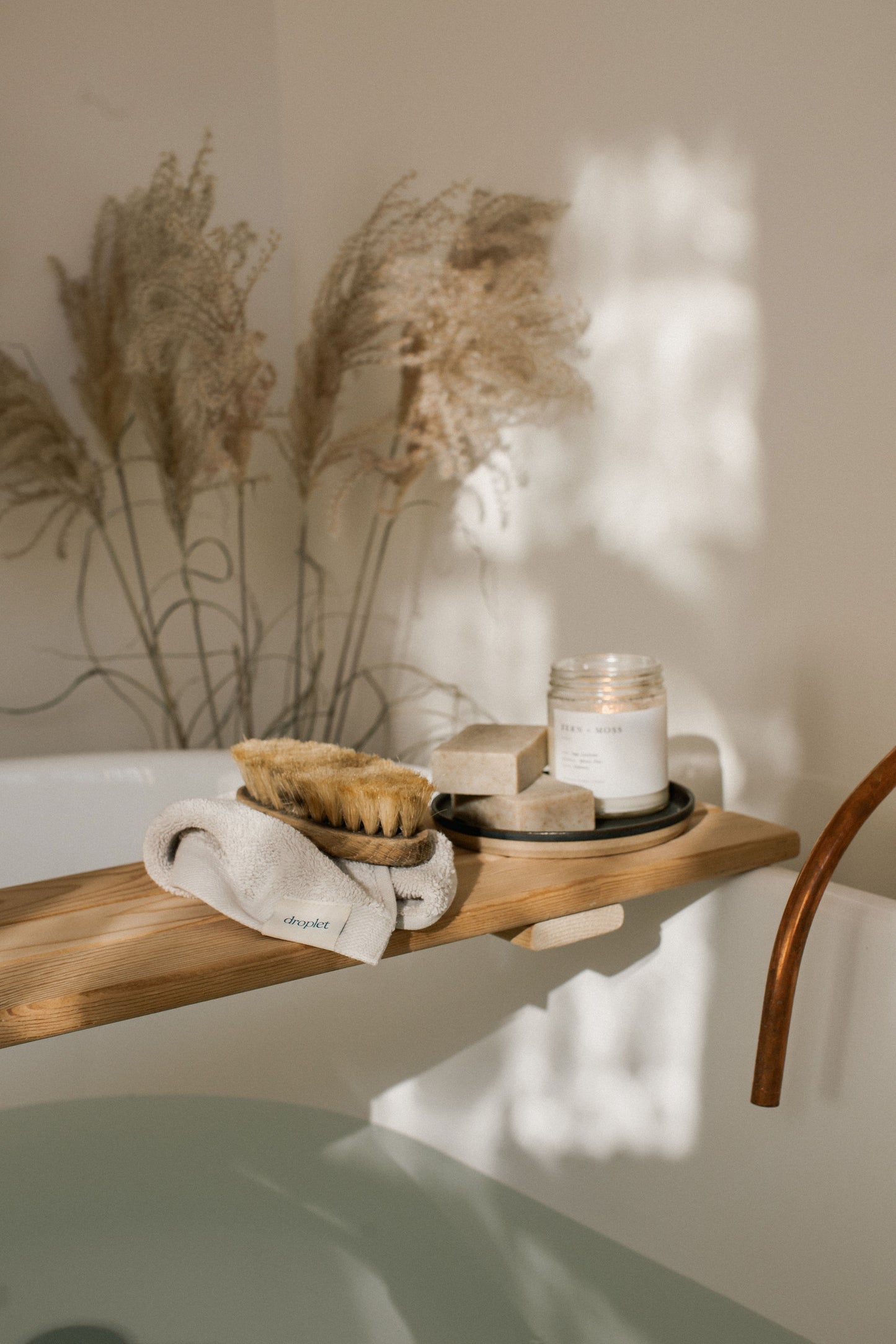 organic Turkish towel wash cloth on bath caddy