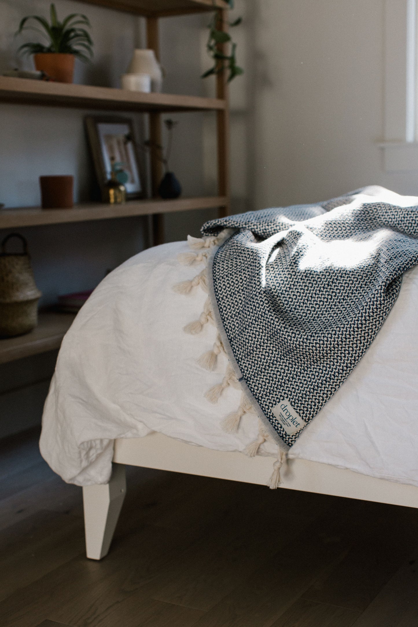 blue organic cotton turkish blanket with tassels